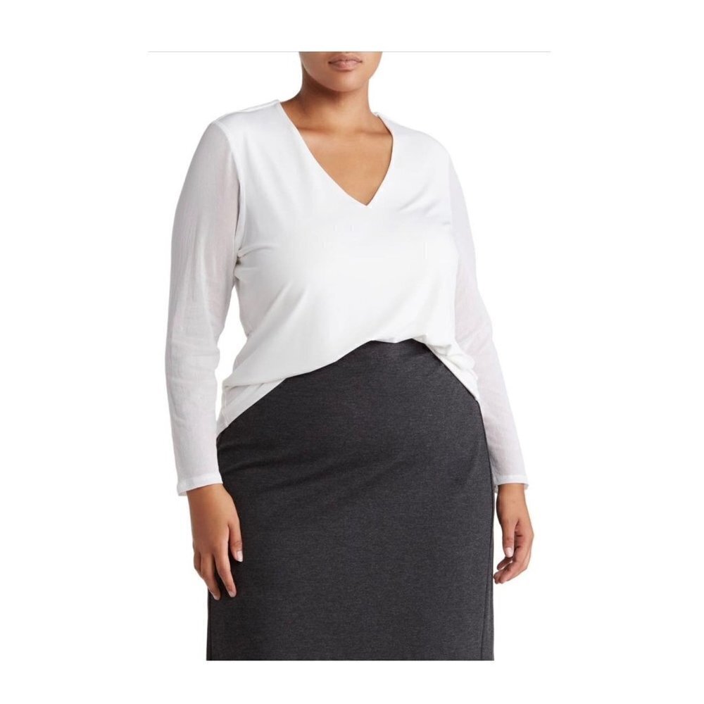 Tahari Womens Plus White V Neck Long Sheer Illusion Sleeve Blouse Sz 2X New